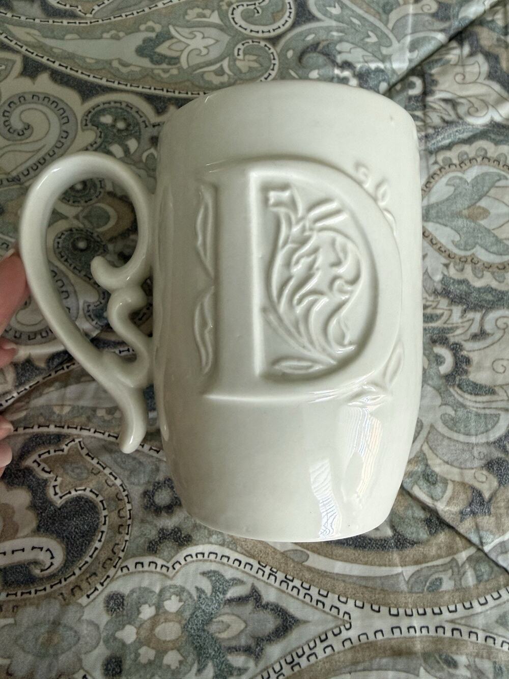 Mud Pie Monogram Letter Initial D Coffee Mug White Embossed Ceramic Cup